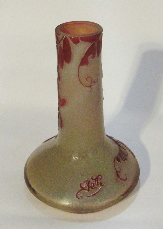 Antique Original French Emile Galle Signed Red Cameo Glass Vase