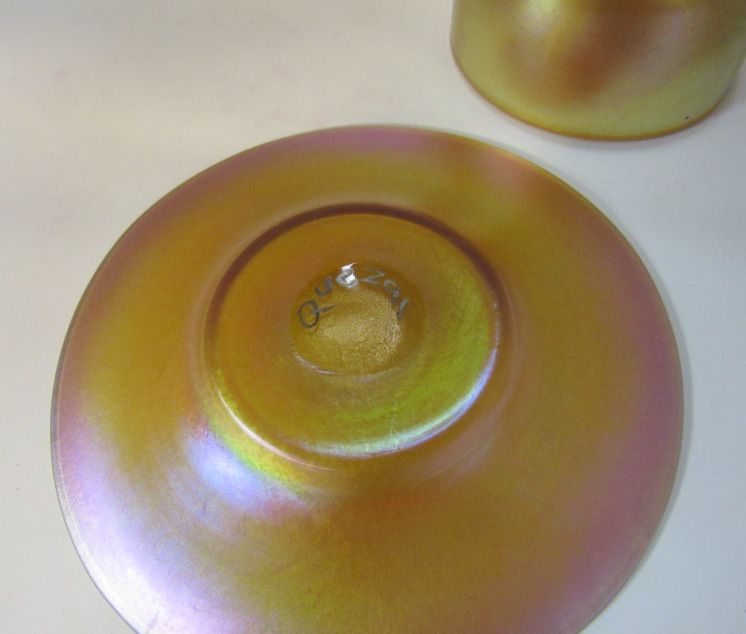 Quezal, Gold Aurene Art Glass Footed Sherbert Cup with Underplate