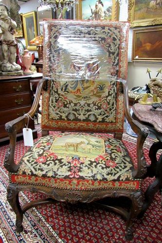 19th C Carved Walnut Throne Chair with Dog and Sheep Needlepoint