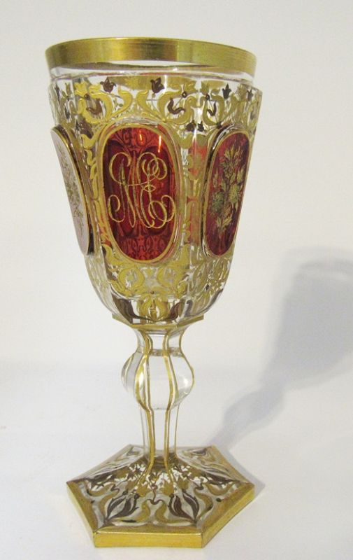 Antique Bohemian Moser Ruby Red with Gold Gilt Engraved Wine Glass