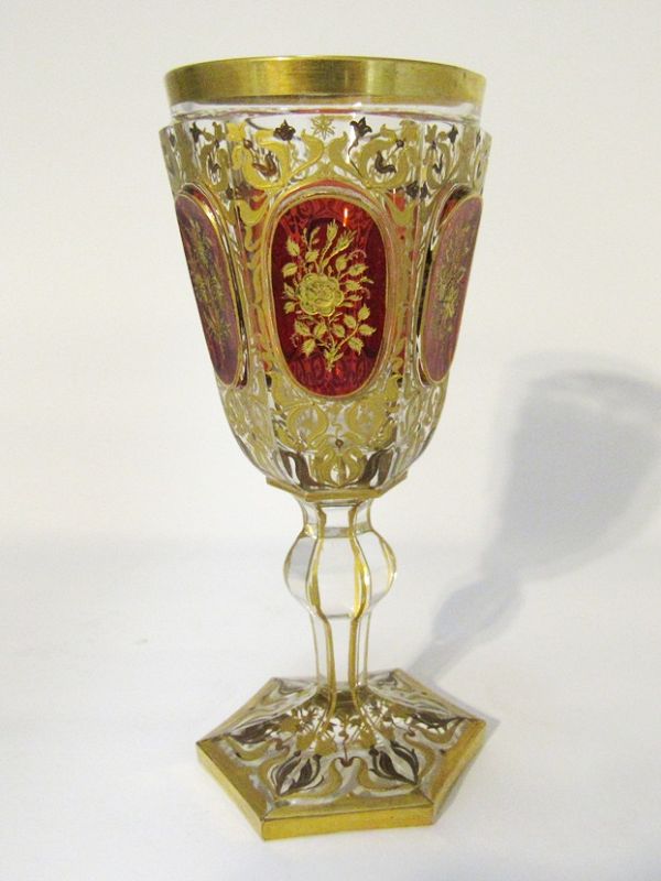 Antique Bohemian Moser Ruby Red with Gold Gilt Engraved Wine Glass