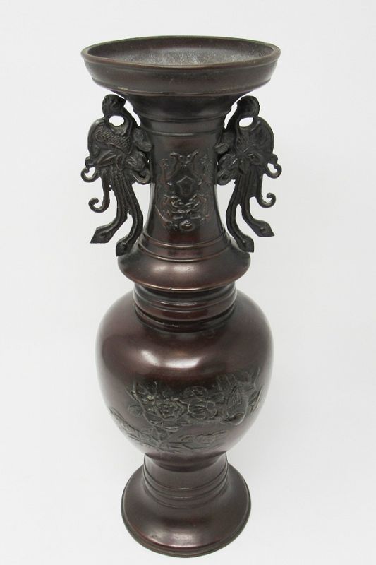 Tall Antique Japanese Bronze Vase with Ho Ho Birds, Meiji