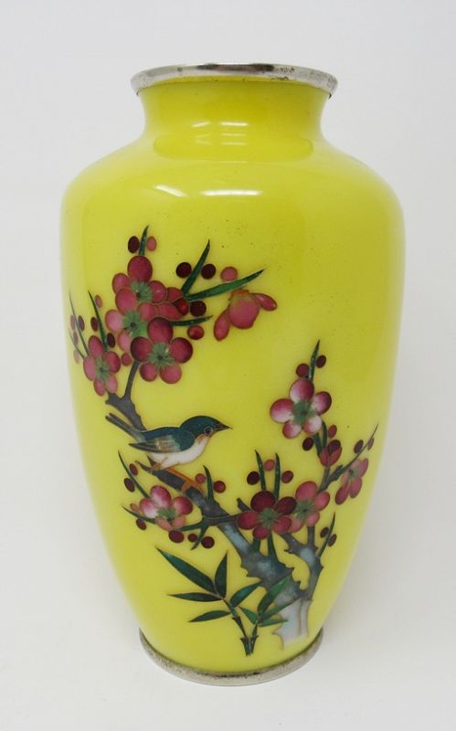 Japanese Silver Wire Cloisonne Vase Yellow Glass Enamel