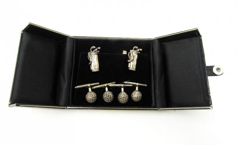 Vintage Sterling Silver Golf Bag Cufflinks with Golf Ball Studs