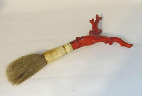 Chinese Simulated Bone and Red Coral Calligraphy Brush
