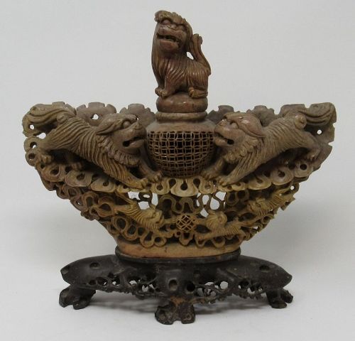 Chinese Hand Carved Stone Censer with Foo Dogs