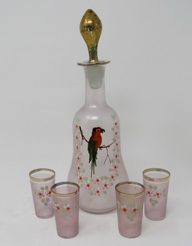 Bohemian Glass Aperitif Cordial Set, Decanter with Parrot, Tray