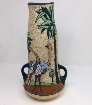 Rare Art Deco Czechoslovakia Amphora Vase with Ostrich Bird