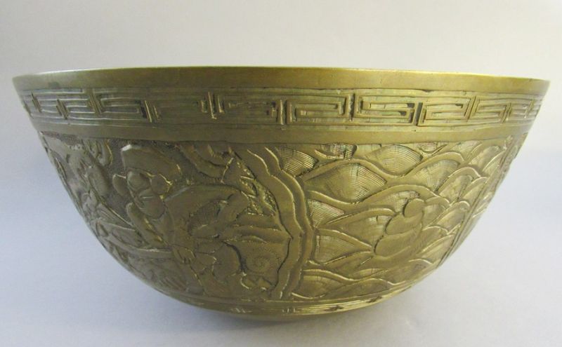 Large Antique Chinese Carved Bronze Bowl with Fish