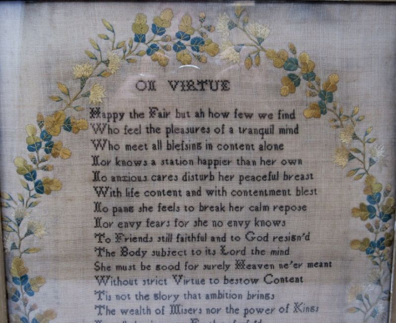 1832 American Needlepoint Embroidery ON VIRTUE in Birdseye Maple Frame