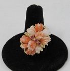 14 Kt Angel Skin and Salmon Carved Roses in Basket with Rubies Ring