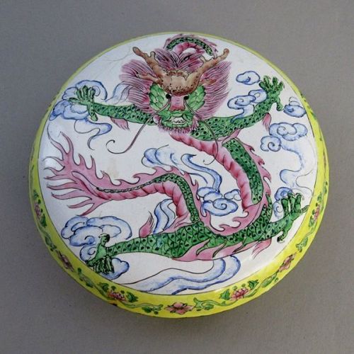 Old Round Chinese Canton Enamel Box with Dragon