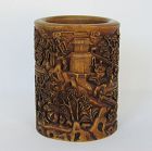 Chinese Carved Wood Brush Pot by Shuyuan Zhang
