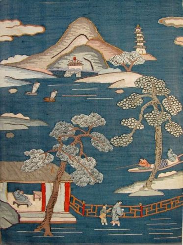 Antique Chinese Blue Silk Kesi Tapestry Panel, Qing Dy