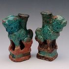 Pair Chinese Ming Dynasty Turquoise Lion Candle Stands