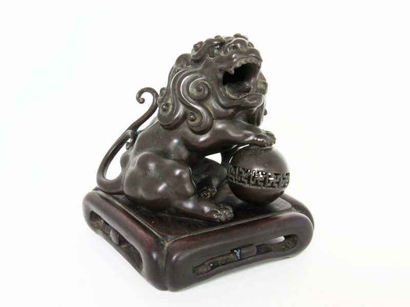 Japanese Bronze Shishi Lion Foo Dog on Stand