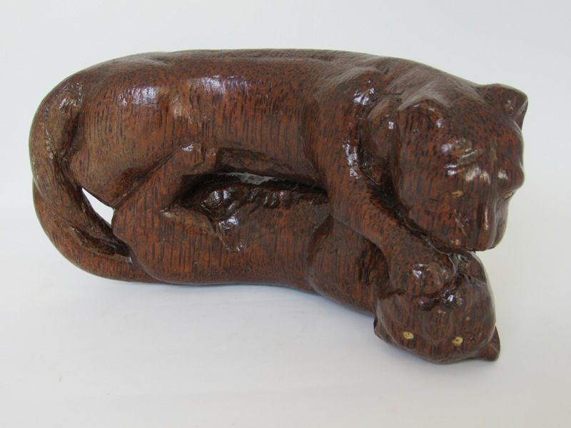 Old Southeast Asian Carved Red Palm Wood Panther Statue