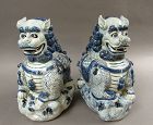 Chinese Blue and White Porcelain Foo Dog Censers and Cover
