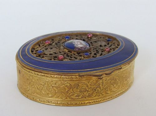 French Gilded Bronze Blue Enamel Trinket Box with Portrait