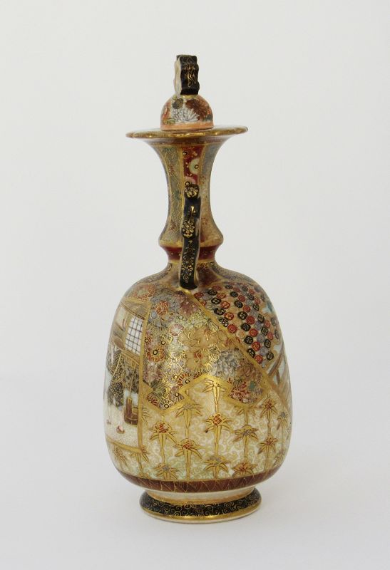 Small Japanese Meiji Era Satsuma Pottery Jar, Vase with Lid, Signed
