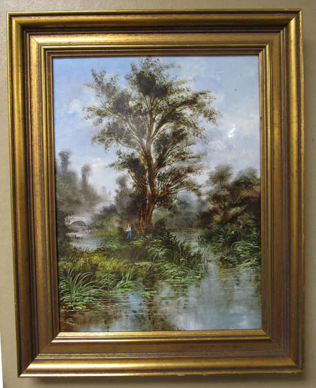 Continental Porcelain Painting Landscape River Scene, Signed