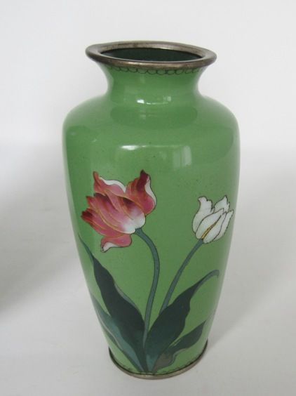 Japanese Light Green Enamel Cloisonne Vase with Silver, Meiji Era