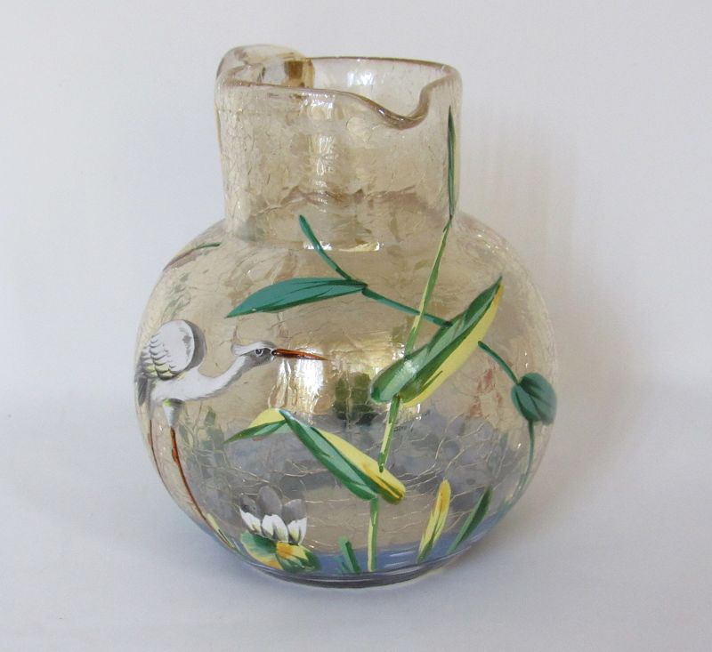 Moser Champagne Crackle Glass Pitcher with Enameled Heron