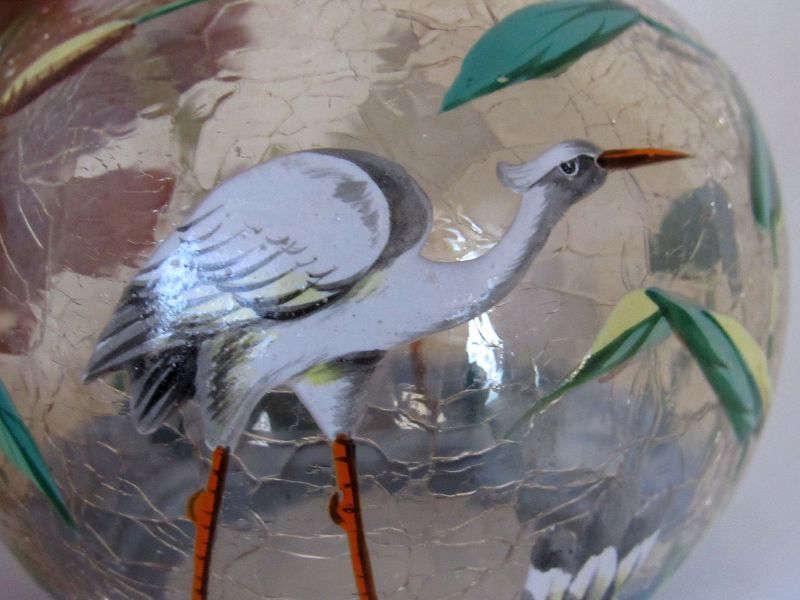 Moser Champagne Crackle Glass Pitcher with Enameled Heron