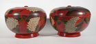 Large Japanese Red Lacquer Round Box with Hydrangea, A Pair