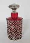 Antique American Sterling Overlay Cranberry Glass Perfume Bottle
