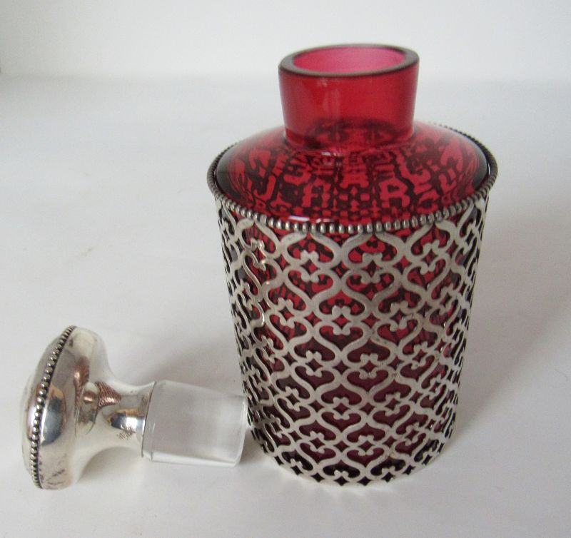 Antique American Sterling Overlay Cranberry Glass Perfume Bottle