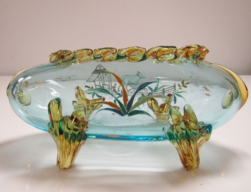 19th C Stevens and Williams Art Glass with Nursing Lamb Farm Scene