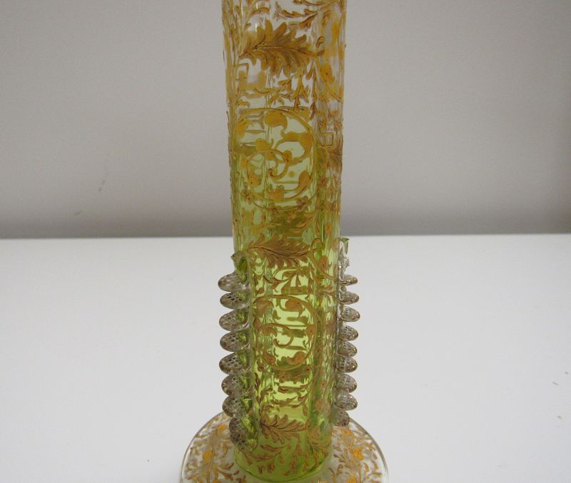 Moser Green Blown and Cut Art Glass Bud Vase with Gold Gilt