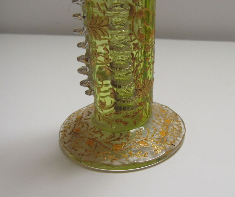 Moser Green Blown and Cut Art Glass Bud Vase with Gold Gilt
