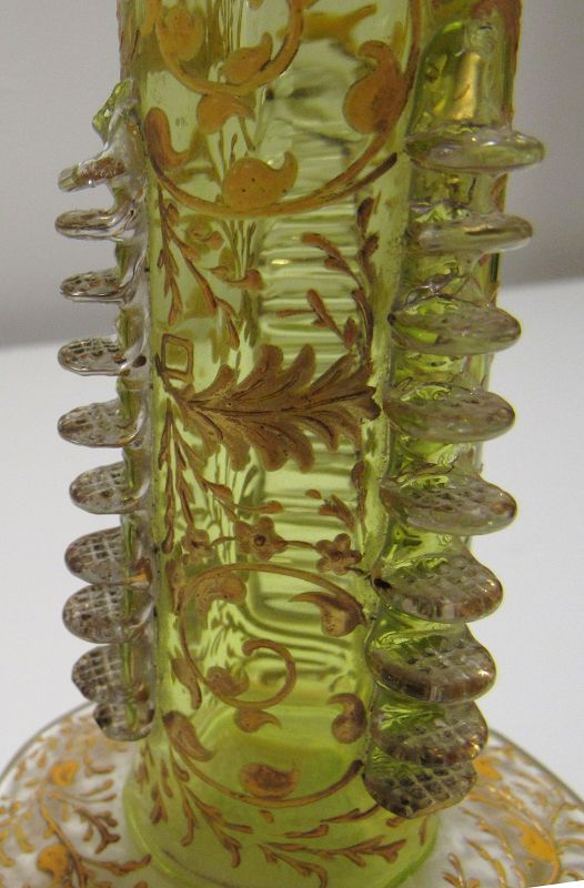 Moser Green Blown and Cut Art Glass Bud Vase with Gold Gilt