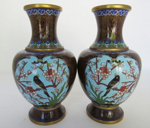 Pair of Vintage Chinese Brown Cloisonne Vases with Birds Butterfly