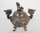 White Bronze Chinese Tripod Incense Censer with Fu Lion