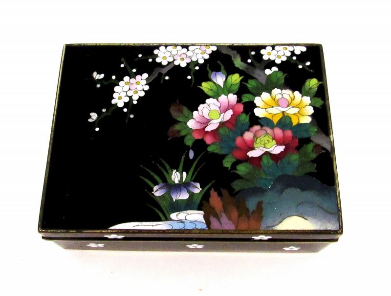 Japanese Black Inaba Hinged Cloisonne Box Flowers