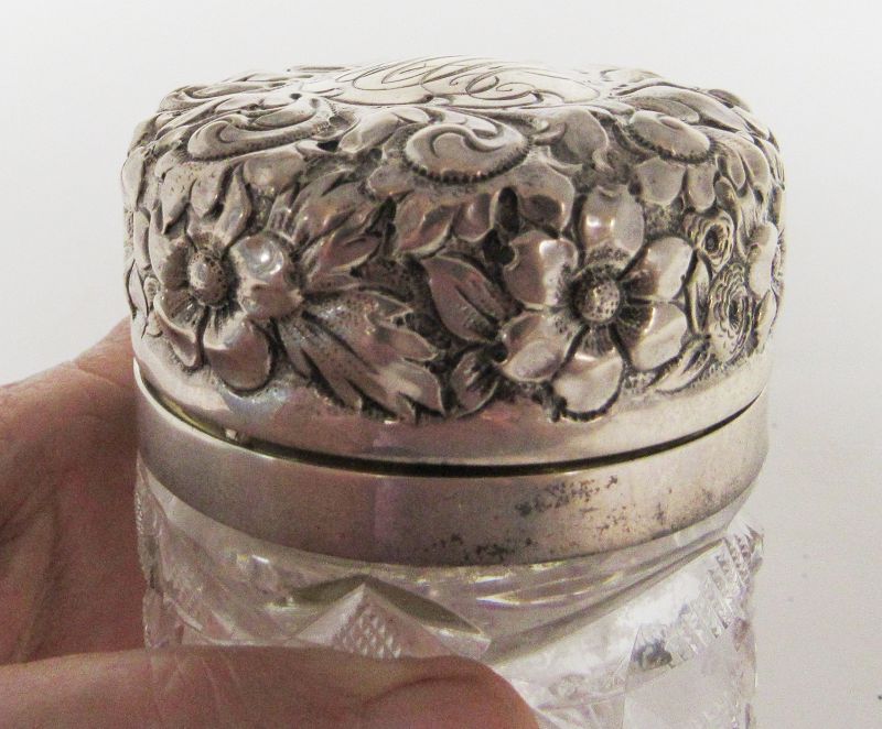 Antique Cut Glass Sterling Silver Repousse Jar, Hamilton Dresinger