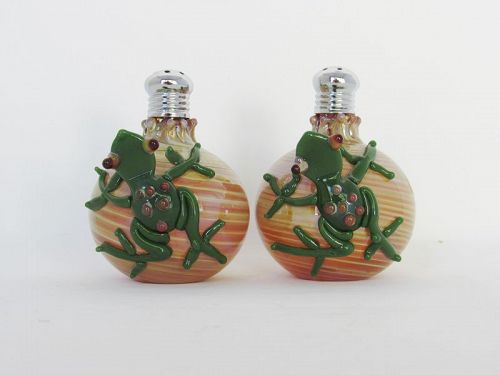 Blown Art Glass Salt and Pepper Shakers With Applied Frog