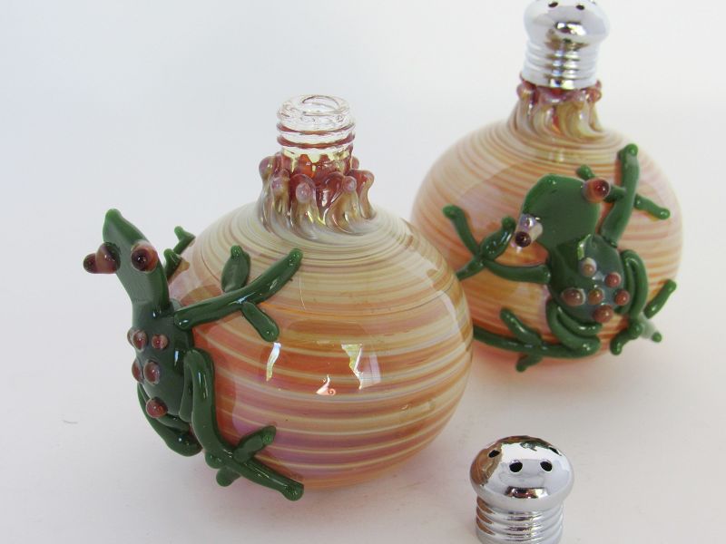 Blown Art Glass Salt and Pepper Shakers With Applied Frog