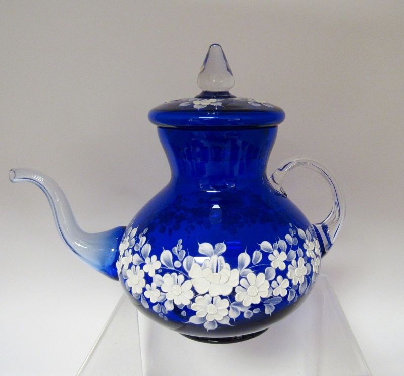Venetian Murano Cobalt Blue Glass White Flowers Tea Set