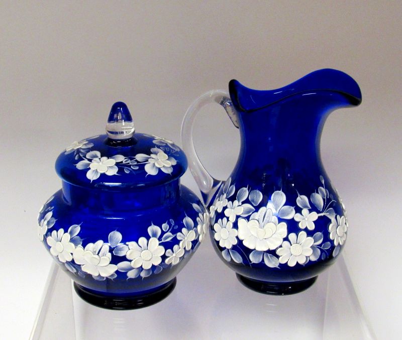 Venetian Murano Cobalt Blue Glass White Flowers Tea Set