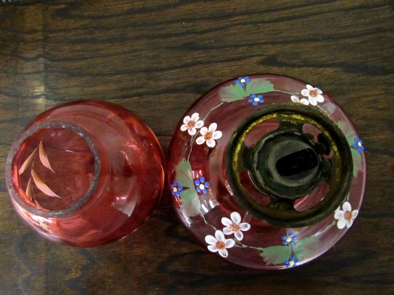 Rare Small Antique Cranberry Glass Oil  Lamp with Enameling
