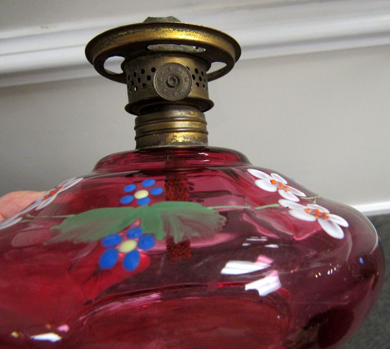Rare Small Antique Cranberry Glass Oil  Lamp with Enameling