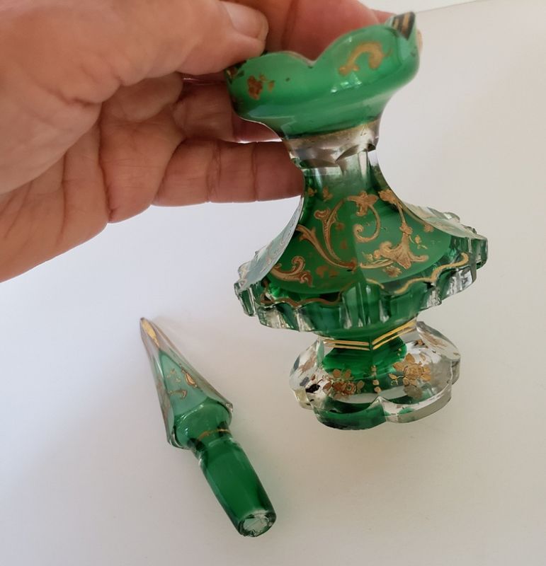 Emerald Green Moser Style Bohemian Glass Perfume Bottle with Gold