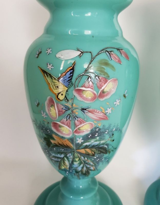 Pair Thomas Webb Blue Opaline Art Glass Vase With Enamel Butterfly