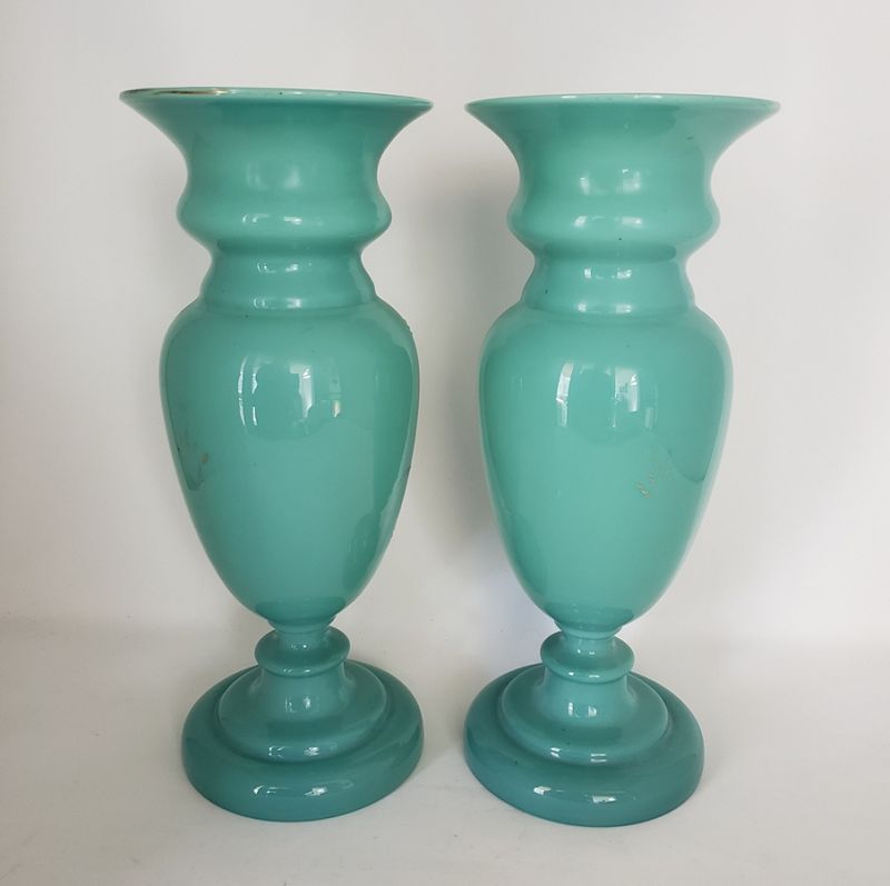 Pair Thomas Webb Blue Opaline Art Glass Vase With Enamel Butterfly
