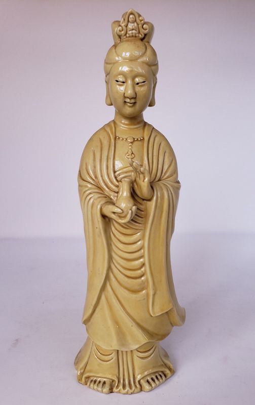 Old Chinese Yellow Glazed Porcelain Quan Yin Statue