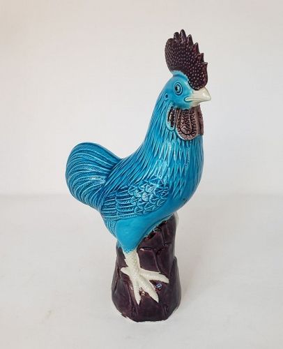 Vintage Chinese Blue Turquoise Porcelain Rooster Figurine Statue